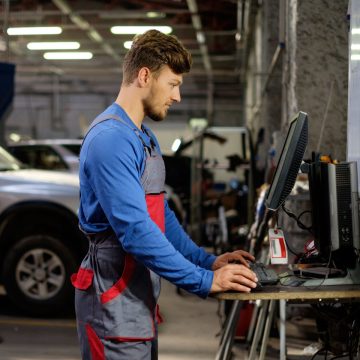 Specialist near car diagnostic pc in a workshop