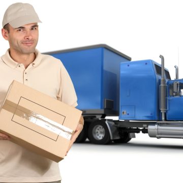 15895776 - isolated image of a messenger delivering a box with a trailer truck in the background