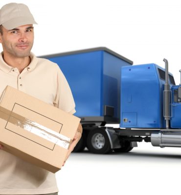 15895776 - isolated image of a messenger delivering a box with a trailer truck in the background